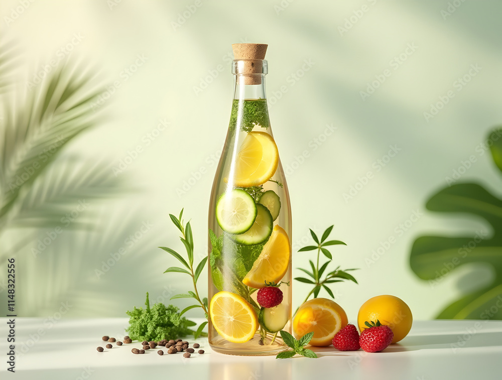 Refreshing Citrus Infused Water With Fresh Herbs and Fruits in a Beautiful Sunlit Setting Refreshing Citrus Infused Water With Fresh Herbs and Fruits in a Beautiful Sunlit Setting