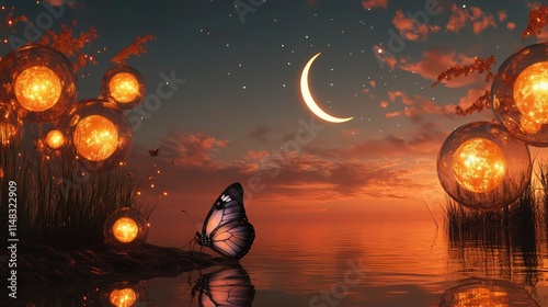 A mystical scene with a luminous butterfly resting by the water edge, a crescent moon in the sky, and glowing golden orbs in soft orange and deep indigo twilight.