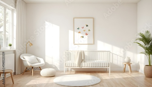 serene minimalist baby room with pastel-colored walls, light wood flooring, modern crib and frame mockup, cozy atmosphere with soft lighting