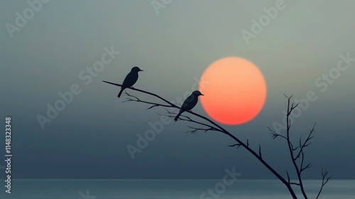 A tranquil scene of two birds on a thin tree branch, backlit by a glowing red-orange sun fading into a deep blue-gray twilight sky.