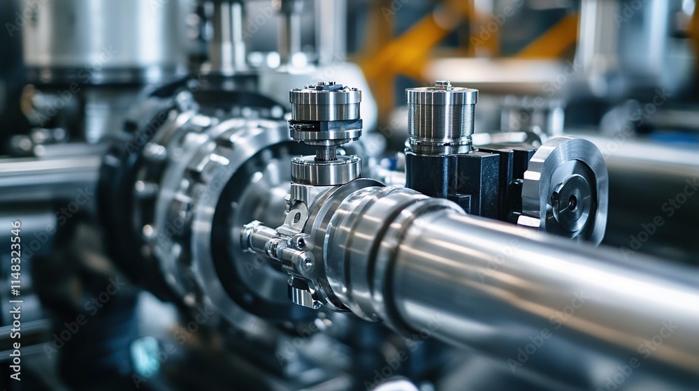 Close-up of complex industrial machinery with pipes and valves. Close-up of complex industrial machinery with pipes and valves.