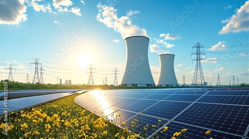 Solar Plants in the Foreground with a Nuclear Power Plant in the Background