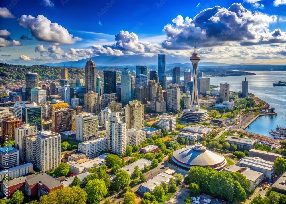 Obraz premium Seattle Skyline Aerial View June - High Resolution Panoramic Cityscape Photo