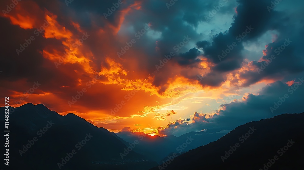 Fototapeta premium Fiery Sunset Over Silhouetted Mountain Range