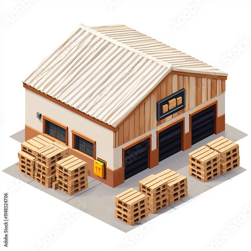 Isometric 3D Cartoon-Style Warehouse with Stacked Crates and Pallets on White Background