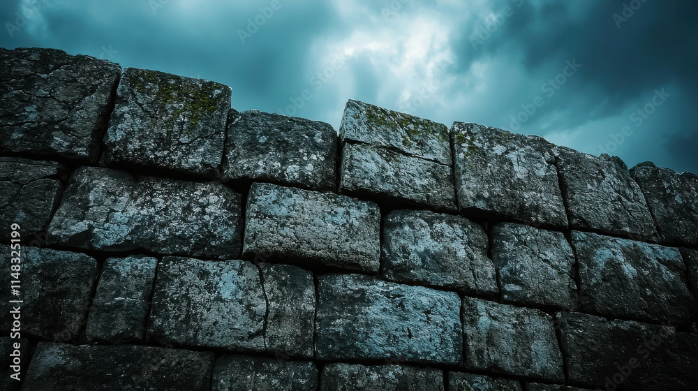 Ancient Stone Wall of a Medieval Castle Dramatically Under Dark Clouds