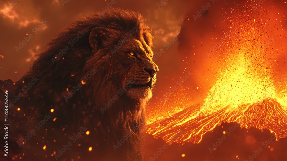 Naklejka premium Majestic lion overlooking a fiery volcanic eruption.