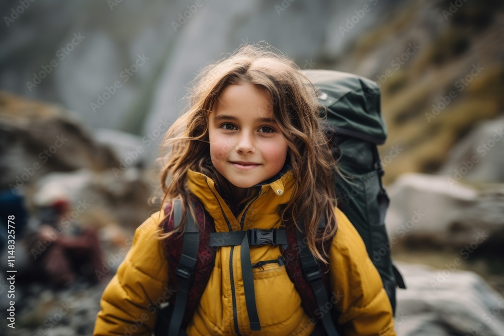 Cute little girl with big backpack hiking in the mountains. Traveling with children concept. Cute little girl with big backpack hiking in the mountains. Traveling with children concept.