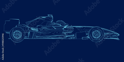 Contour of a F1 race car. Formula 1 Vector blueprint isolated on a blue background. Side view. 3D