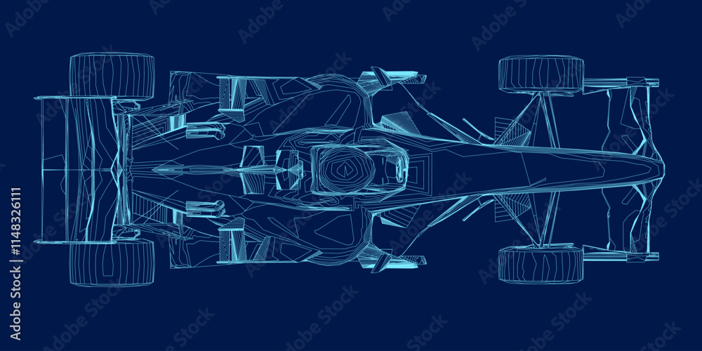 Obraz premium Contour of a F1 race car. Formula 1 Vector blueprint isolated on a blue background. Top view. 3D