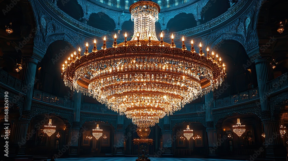 Obraz premium A grand chandelier illuminates an ornate hall with elegant architecture and soft lighting.