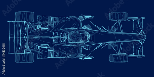 Contour of a F1 race car. Formula 1 Vector blueprint isolated on a blue background. Top view. 3D