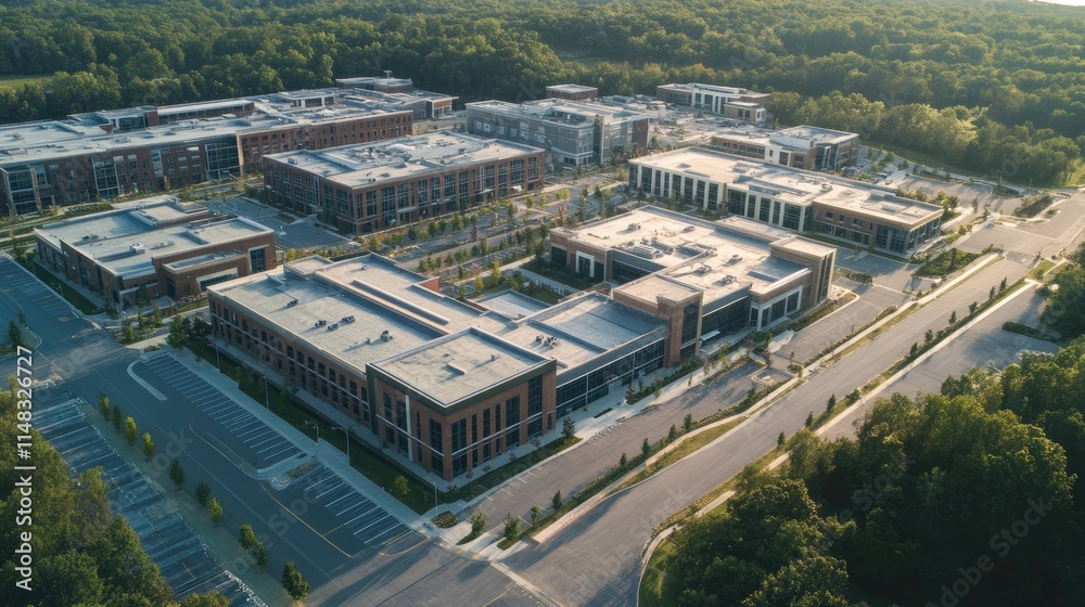 Aerial view of a modern business park nestled in a green landscape.