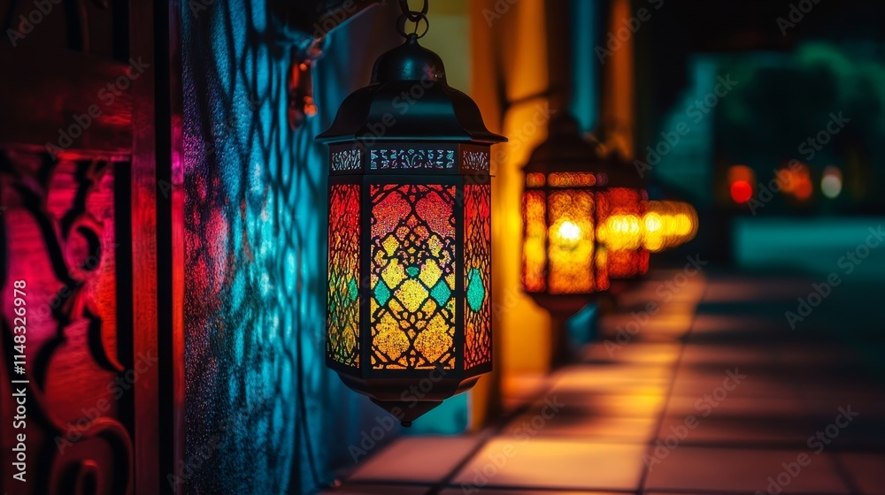 Colorful lanterns illuminate a serene pathway, creating a warm and inviting atmosphere. Colorful lanterns illuminate a serene pathway, creating a warm and inviting atmosphere.