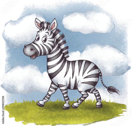 Watercolor vector of a cartoon zebra animation, isolated on a white background, zebra animation, eps