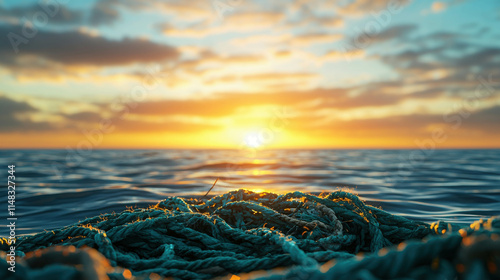 Abandoned Fishing Nets on the Surface of a Vast Ocean at Sunset photo