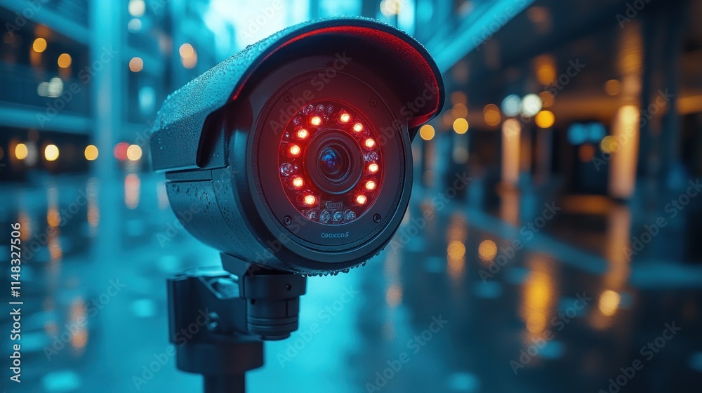 Wet security camera in a modern building at night. Wet security camera in a modern building at night.