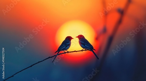 Two birds perched tenderly on a thin branch, framed by a fiery orange-red sun transitioning into cool blue dusk tones.