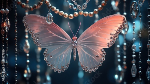 A delicate ornamental butterfly with translucent pink wings, surrounded by a frame of shimmering beads and cascading crystal pendants.