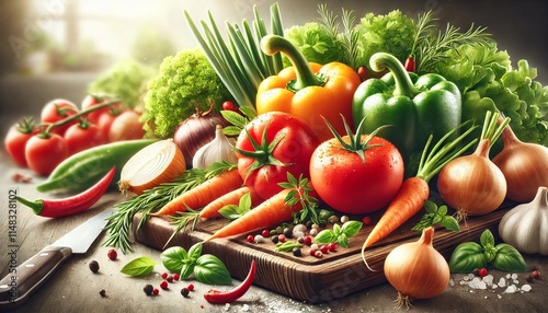 Various fresh vegetables such as peppers, tomatoes, carrots, onions and chilies, neatly arranged on a wooden table with natural lighting, creating a healthy and natural impression.