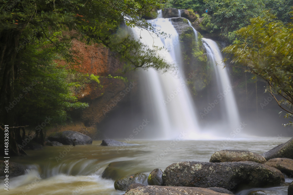 Haew Suwat Waterfall is a single-tiered waterfall, not very large, about 25 meters high, with a lot of water during the rainy season. It is located in Khao Yai National Park, Korat. Haew Suwat Waterfall is a single-tiered waterfall, not very large, about 25 meters high, with a lot of water during the rainy season. It is located in Khao Yai National Park, Korat.