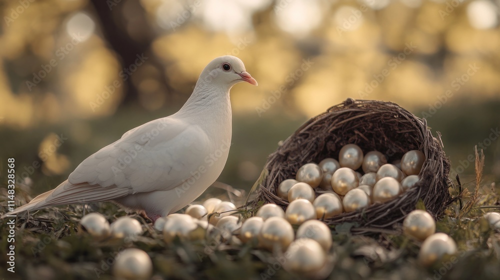 White dove near nest of golden eggs in grassy field at sunset. White dove near nest of golden eggs in grassy field at sunset.