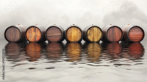 Seven wooden barrels in a row reflecting in calm water, misty background. photo