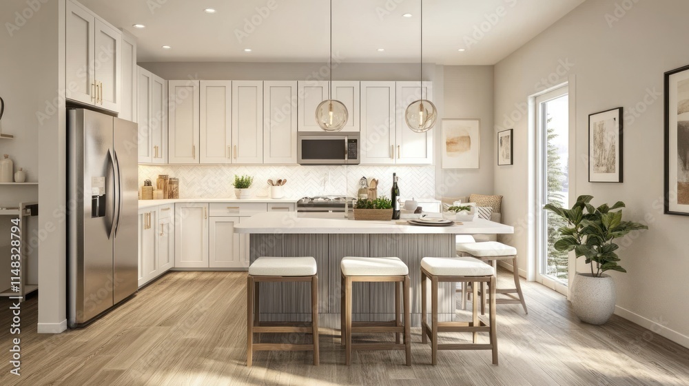 Modern kitchen with island, stainless steel appliances, and white cabinets. Modern kitchen with island, stainless steel appliances, and white cabinets.