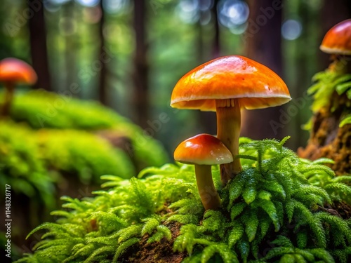 Sheathed Woodtuft Mushroom Macro Photography, Low Light Mossy Log Closeup, Fungi Nature Image photo