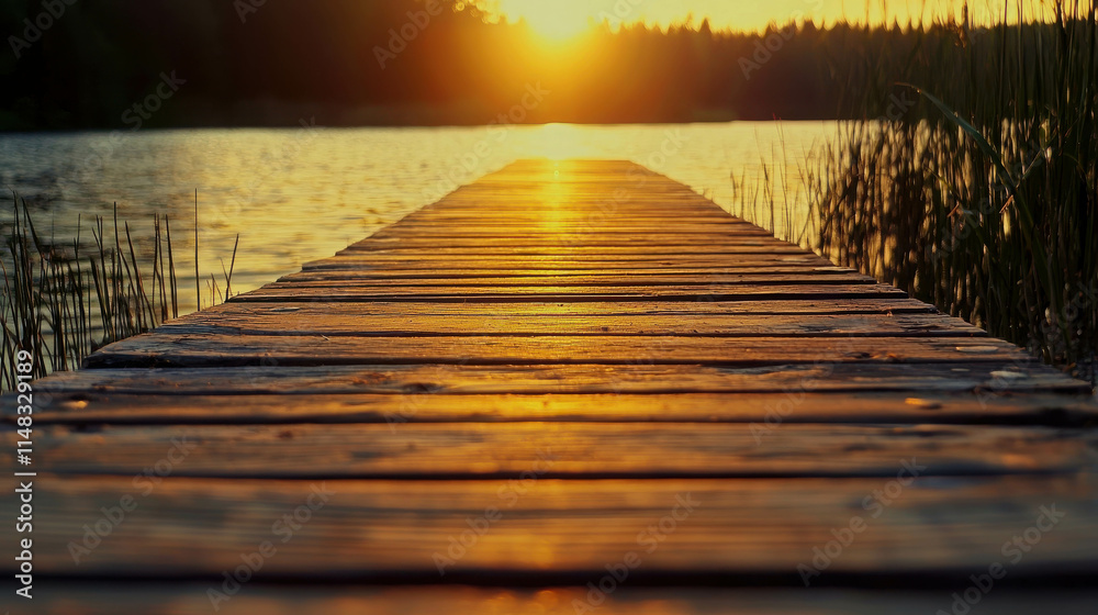 Obraz premium Serene Wooden Boardwalk Stretching Over Tranquil Lake at Sunset