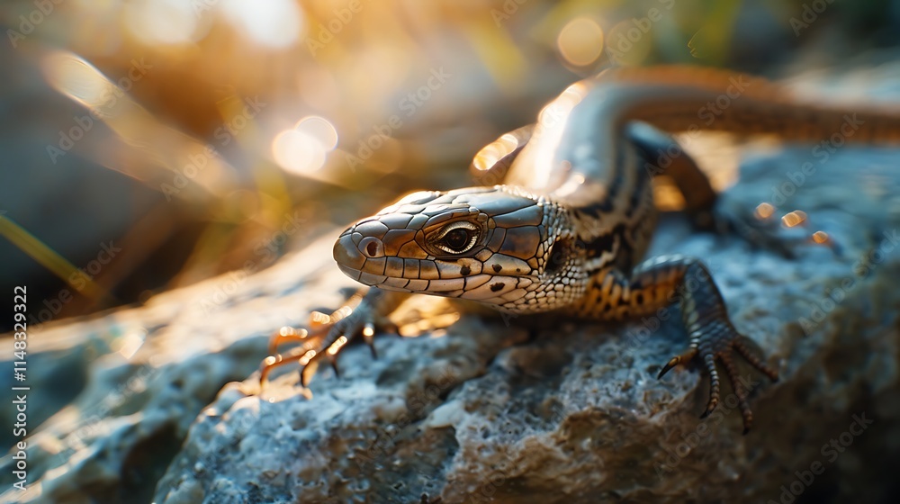 A close-up of a skink basking in the morning sun, A close-up of a skink basking in the morning sun,