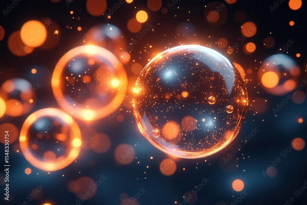 A vibrant depiction of glowing bubbles against a dark background, showcasing light and texture. A vibrant depiction of glowing bubbles against a dark background, showcasing light and texture.