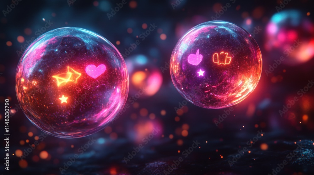 Two glowing orbs, one with heart and star, the other with thumbs up and star, float amidst sparkling particles. Two glowing orbs, one with heart and star, the other with thumbs up and star, float amidst sparkling particles.