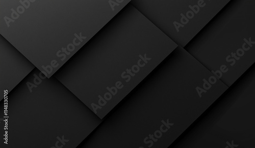 Image features overlapping dark gray and black rectangular shapes creating an abstract geometric pattern with subtle shadows and depth. Modern, minimalist design. 3d rendered 