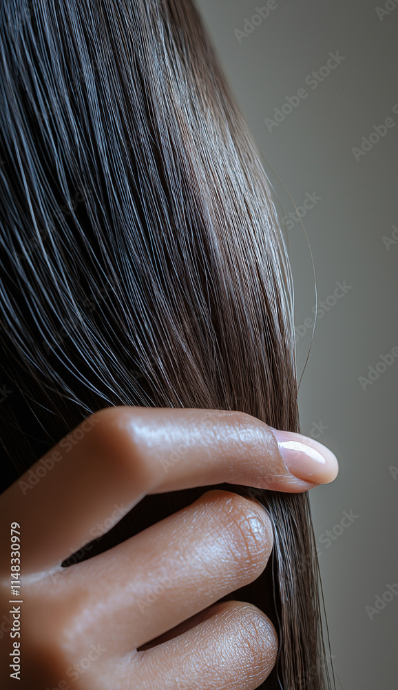 Fototapeta premium Hand delicately touches long, glossy brown hair, showcasing its natural texture against a beige background. A beauty product is subtly visible
