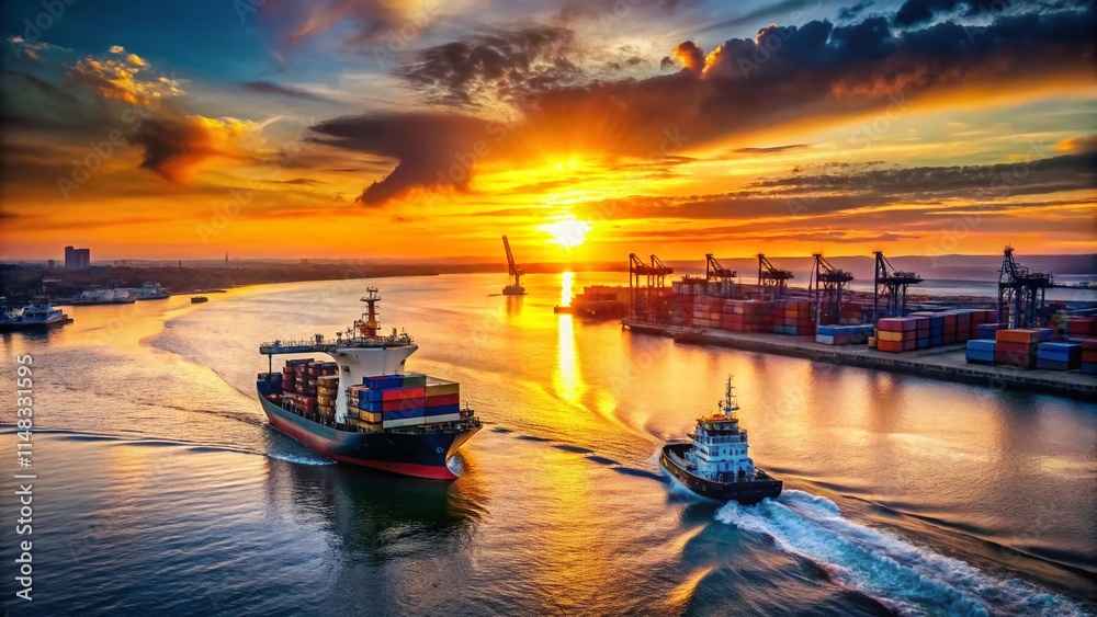 Fototapeta premium Silhouette Drone Photo: Tugboat at Mediterranean Port, Container Logistics, Aerial View