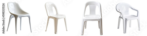 Set of white plastic chairs isolated on transparent background
