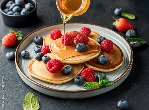 pouring honey on pancakes with berries