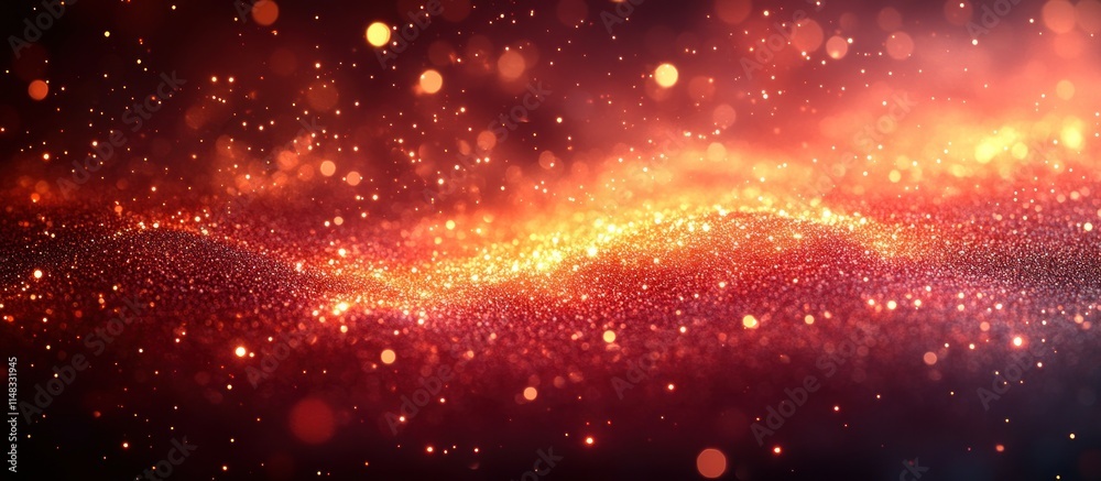 Red and gold glitter wave background with bokeh lights.