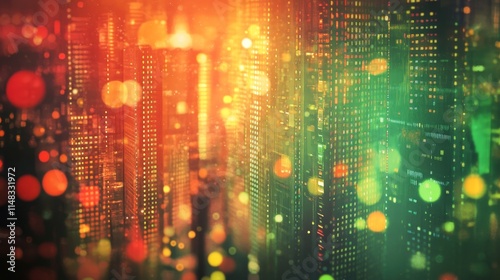 Wallpaper Mural Abstract Financial Cityscape, Green and Orange Data Visualizations with Blurred Background. Torontodigital.ca