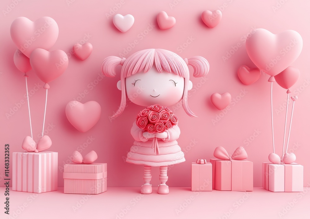 Cute pink cartoon girl with roses in a romantic Valentine's Day setting