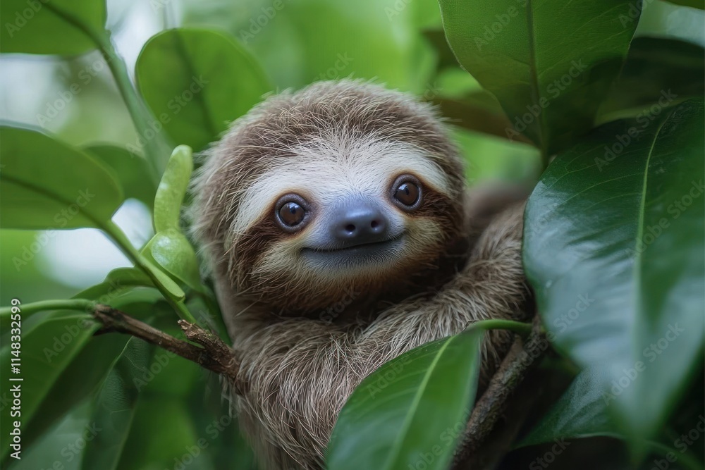 Naklejka premium Adorable baby sloth peering from lush green foliage.