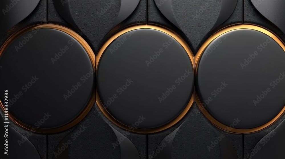 Three black circles with gold rims on a textured black background. Three black circles with gold rims on a textured black background.
