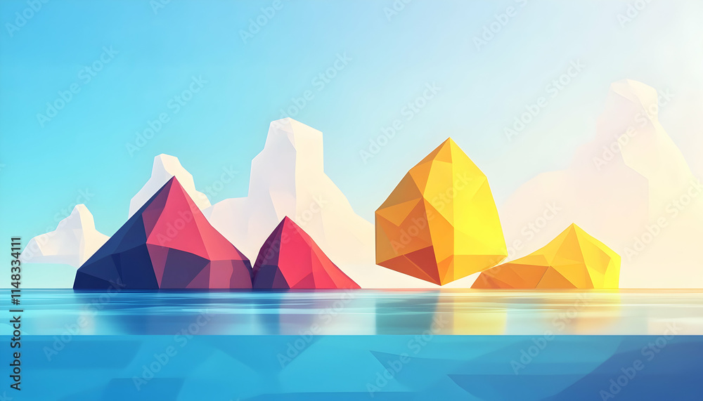 Low-poly islands floating on calm sea, sunrise background, website banner. Low-poly islands floating on calm sea, sunrise background, website banner.