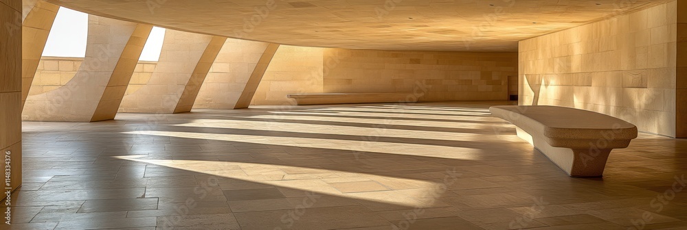 Obraz premium Sunlit modern architectural interior with curved walls, benches, and stone floor.