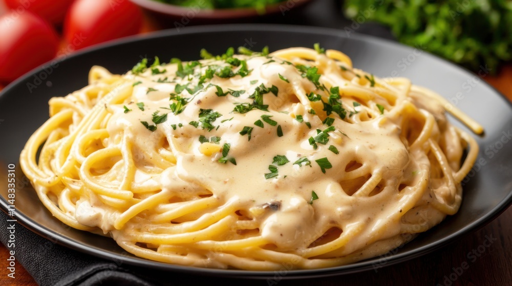 Creamy pasta topped with parsley, served on a black plate, surrounded by fresh tomatoes and herbs, showcasing a delicious Italian dish. Creamy pasta topped with parsley, served on a black plate, surrounded by fresh tomatoes and herbs, showcasing a delicious Italian dish.