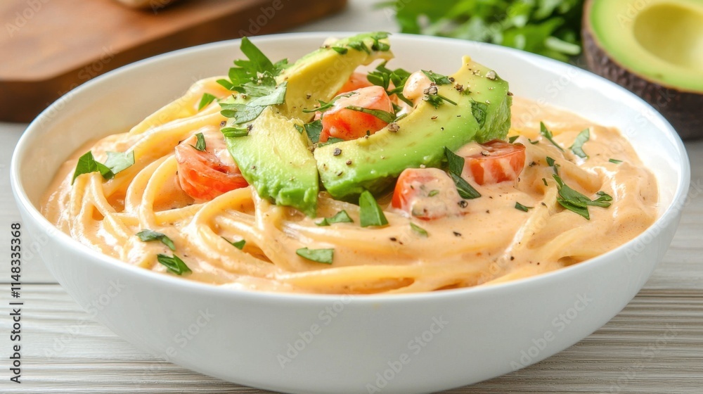 Creamy pasta topped with fresh avocado, tomatoes, and herbs, served in a white bowl, highlighting a delicious and nutritious meal. Creamy pasta topped with fresh avocado, tomatoes, and herbs, served in a white bowl, highlighting a delicious and nutritious meal.