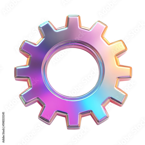 Holographic 3D metallic gear icon illustration isolated on white & transparent a background.