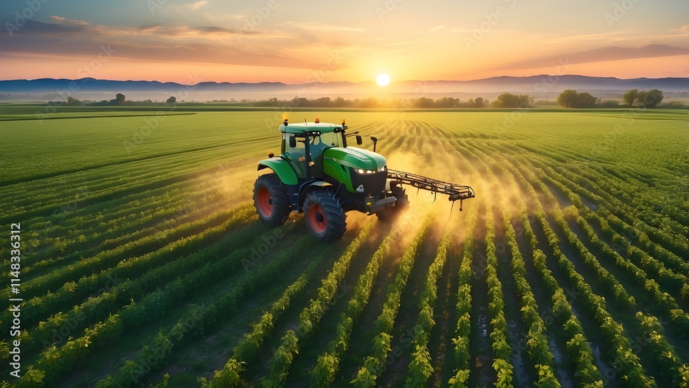 Aerial Drone View of Tractor Applying Pesticides on a Green Soybean Farm at Sunset. Illustration of generative AI Aerial Drone View of Tractor Applying Pesticides on a Green Soybean Farm at Sunset. Illustration of generative AI