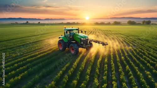 Aerial Drone View of Tractor Applying Pesticides on a Green Soybean Farm at Sunset. Illustration of generative AI